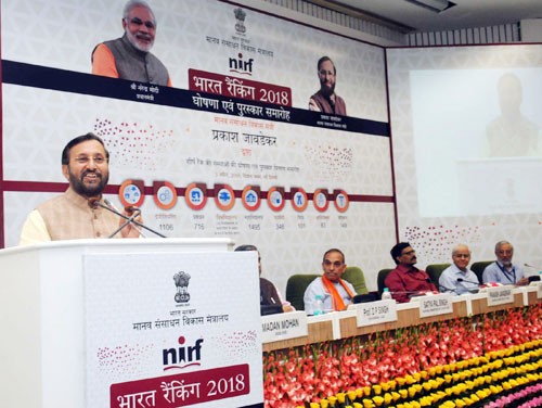 prakash javadekar addressing at the release of india rankings 2018