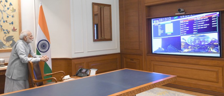 narendra modi witnessing the launch of gslvmkiii, carrying chandrayaan2